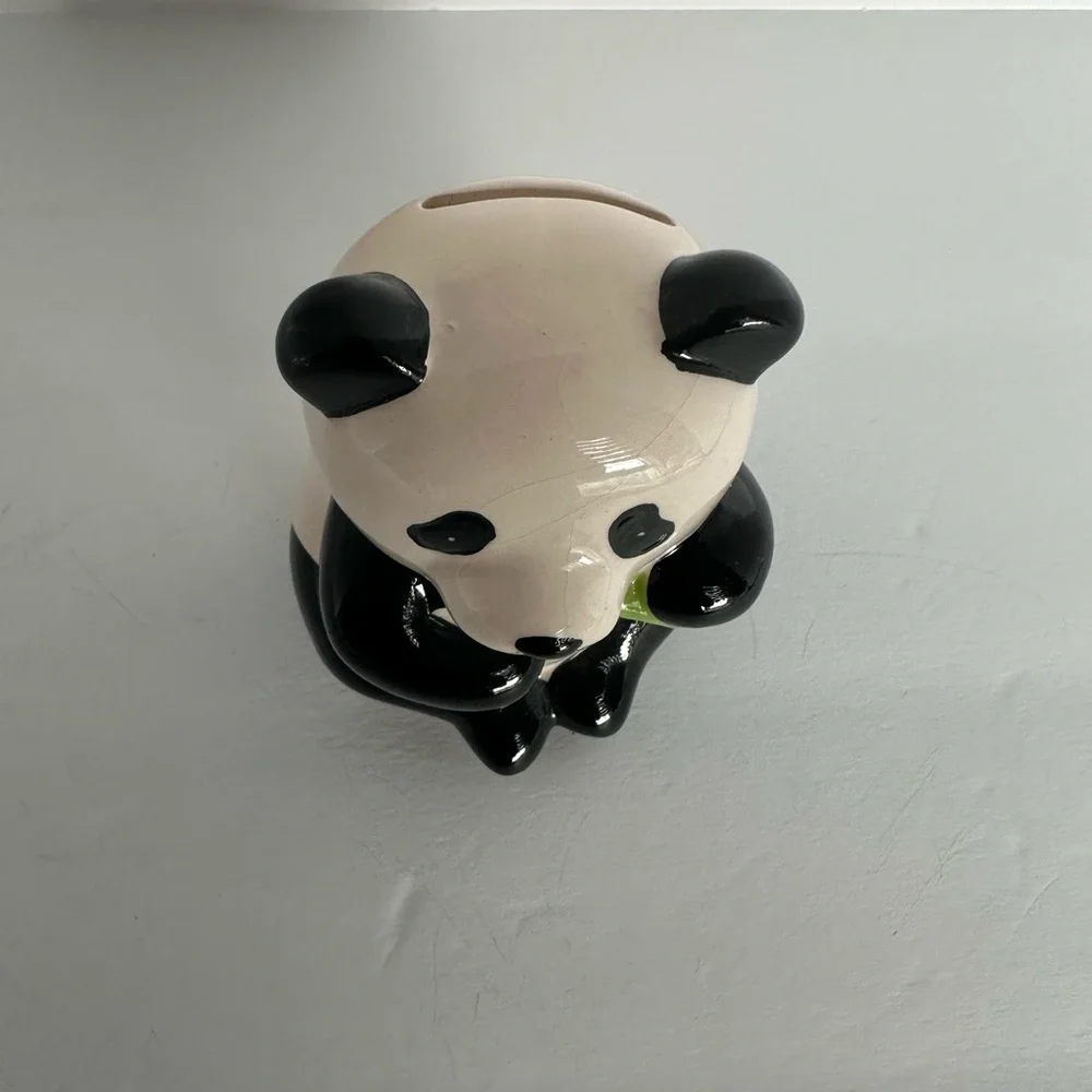 Daiso Panda Ceramic Sitting Bamboo Eating Piggy Bank Coin bank 4.5” h Figurine